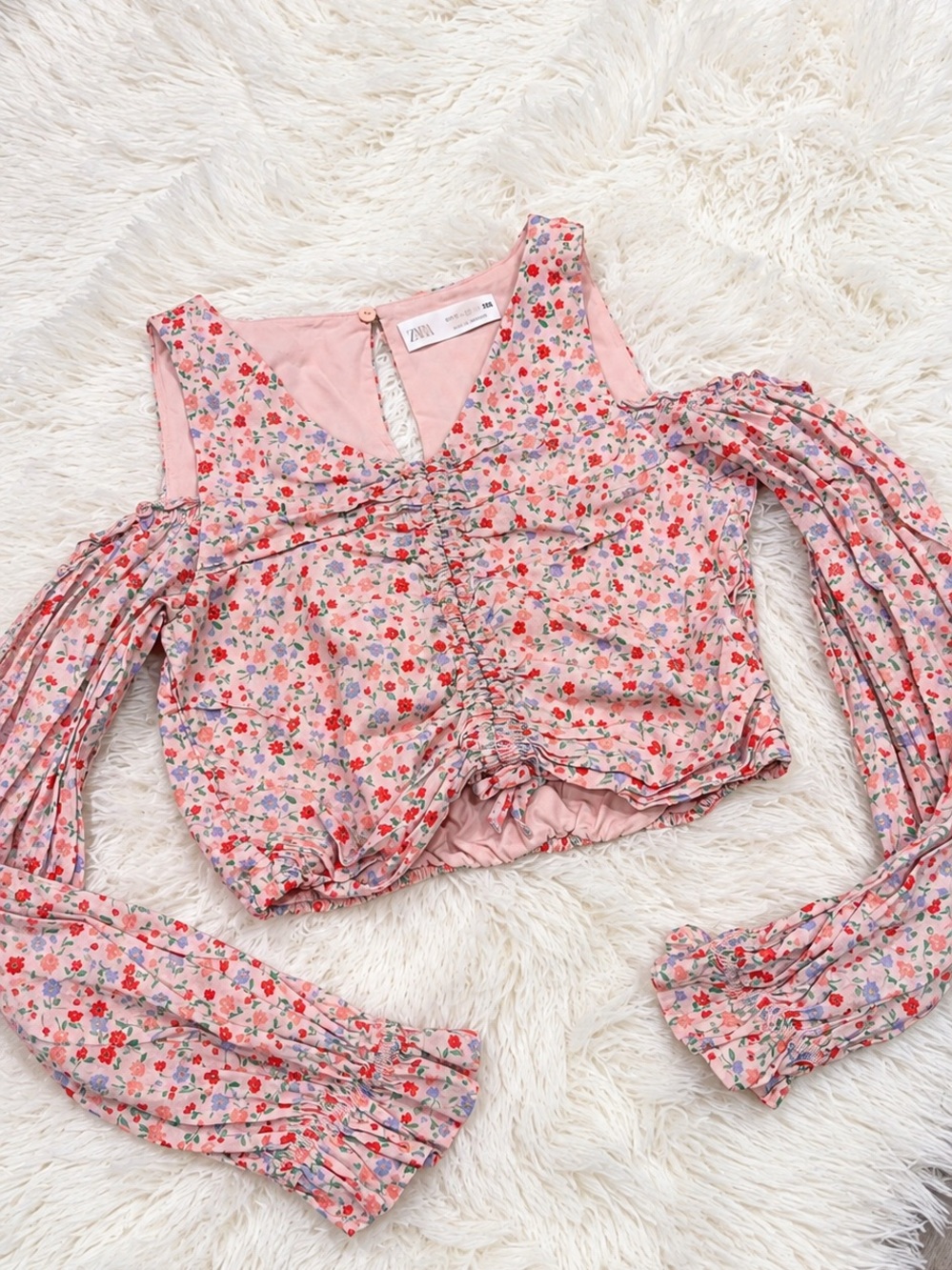 Zara Pink Floral Cold-Shoulder Ruched Crop Top